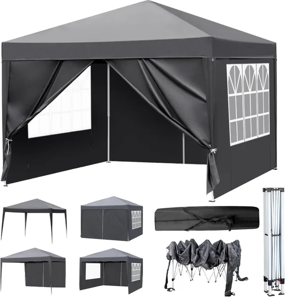 LEADZM Faltpavillon 3×3m – Höhenverstellbar, 4 Seitenteile